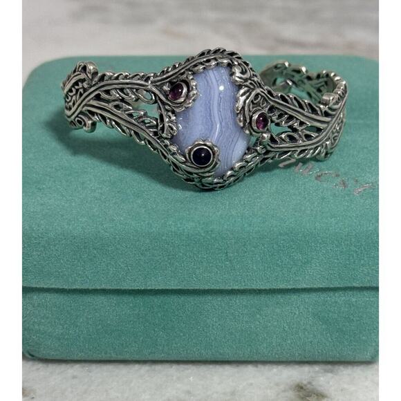 New Carolyn Pollack Sterling Silver Blue Lace Agate & Amethyst Cuff Bracelet - Picture 4 of 12